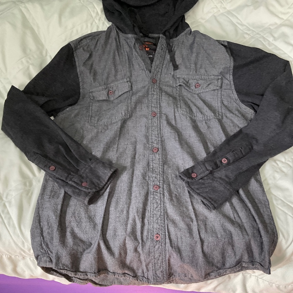Prosperity NY button up shirt with hood. Black on black.  M171